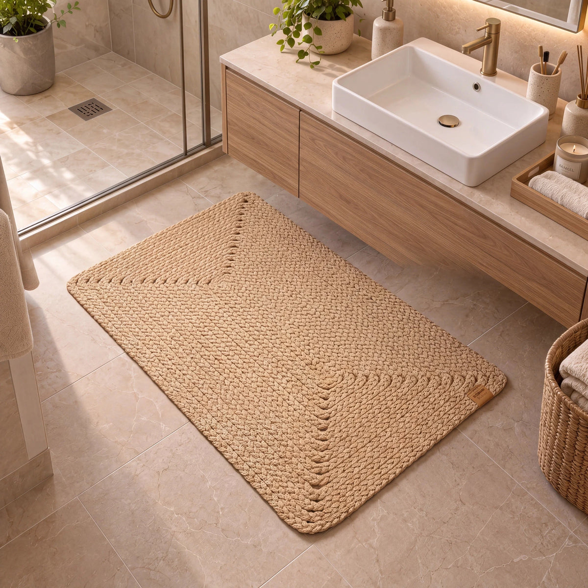 Modern banyoda doğal bej tonlarında dokulu banyo paspası