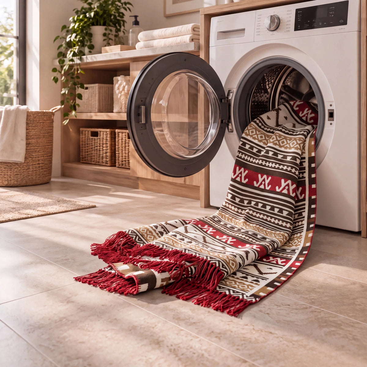 Çamaşır makinesinde yıkanabilir etnik desenli saçaklı halı modeli