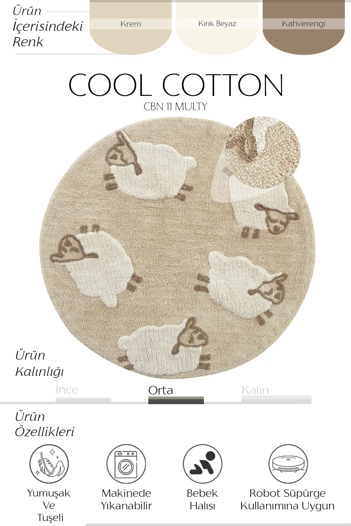 Cool Halı Cool Cotton CCN 11 Multy Yıkanabilir Yuvarlak Bebek Halısı