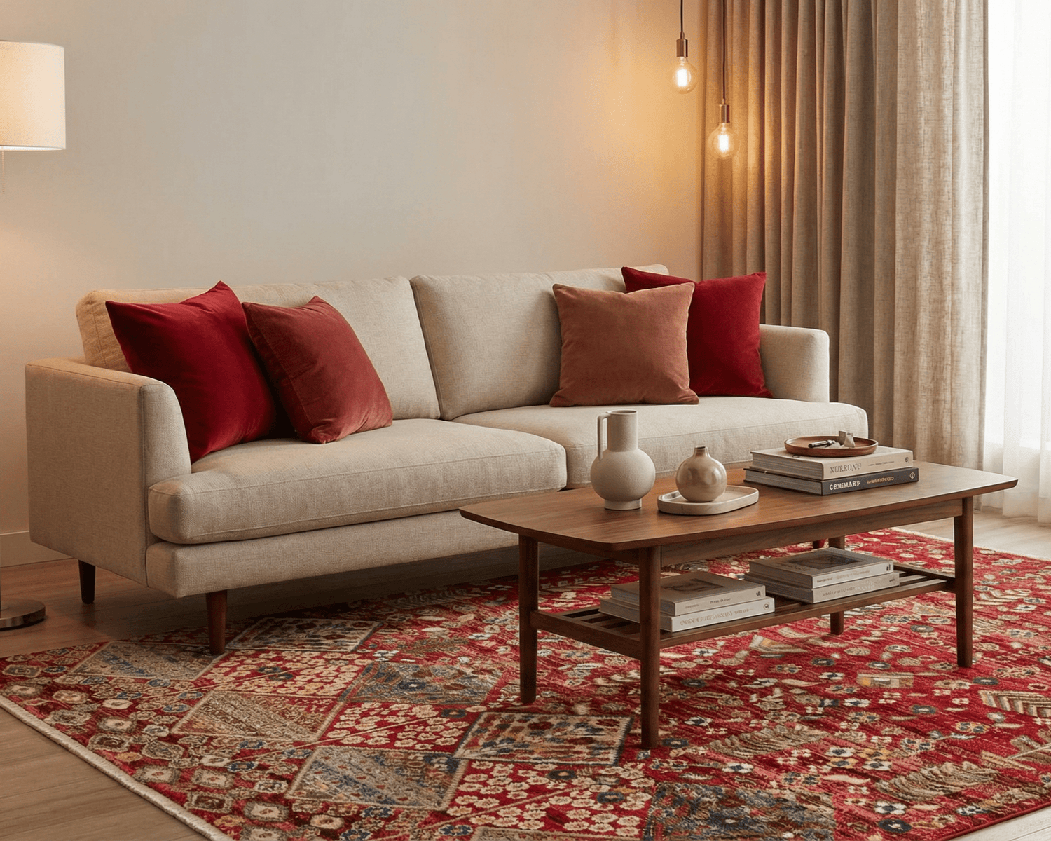 Akrilik halı dokuma yapısı, canlı renkleri ve etnik desenleriyle oturma odasında kullanılan salon halısı