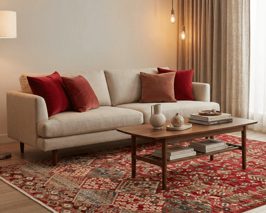 Akrilik halı dokuma yapısı, canlı renkleri ve etnik desenleriyle oturma odasında kullanılan salon halısı