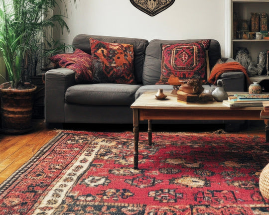 Klasik İran halısı, gri ve lacivert tonlarda geleneksel motiflere sahip, salon dekorasyonunda kullanılan el dokuma halı