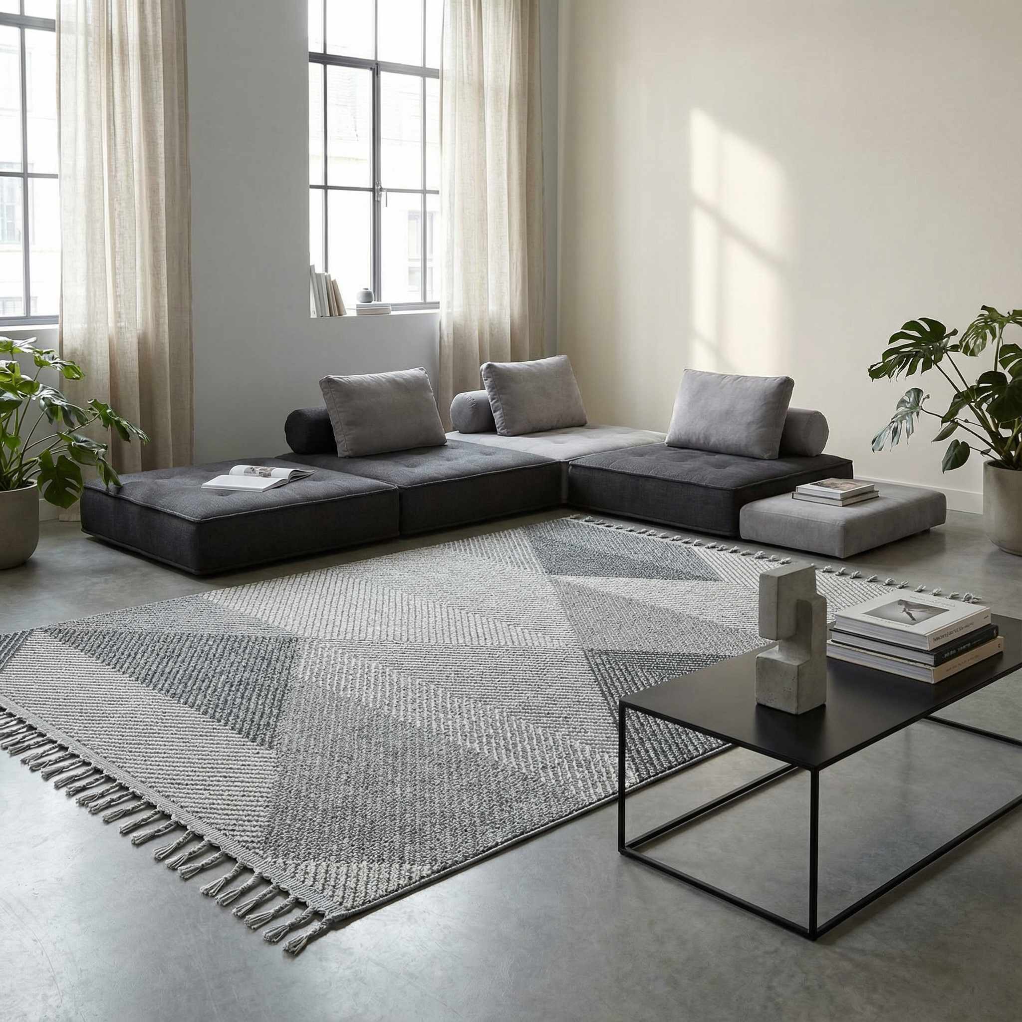 Geometrik desenli gri tonlarda modern kesme halı, çağdaş salon dekorasyonu