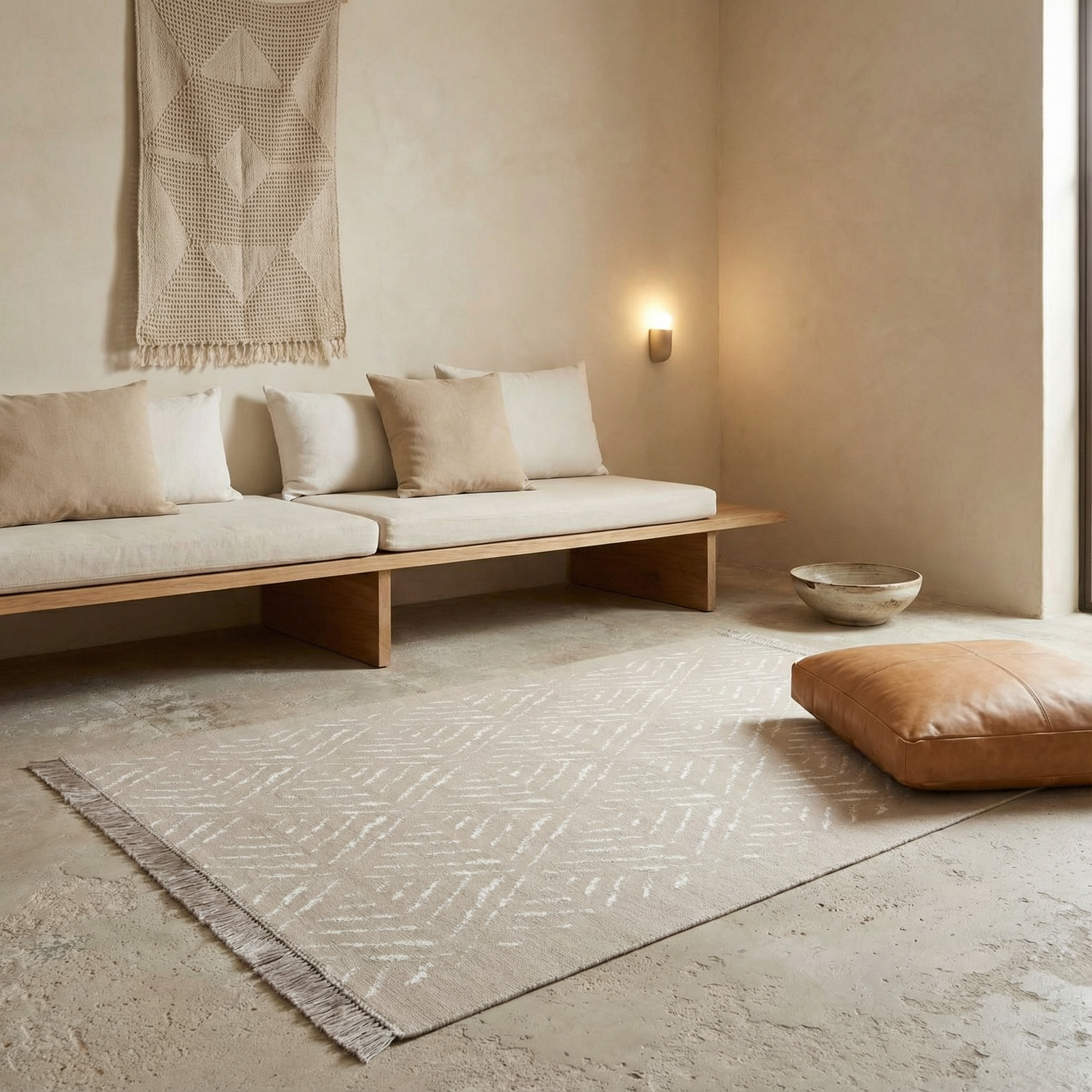 Minimal oturma alanı için uygun, açık renk desenli dekoratif çift taraflı kilim modeli