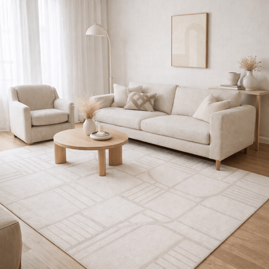 Cool Halı krem geometrik desenli modern salon halısı açık tonlu minimalist oturma odası dekorasyonu içinde kullanılmış