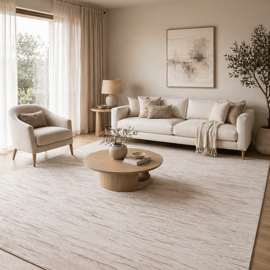 doğal ışıkla aydınlanan modern bir salonda, açık tonlarda bej ve krem renk paletine sahip geniş ölçülü salon halısı, ahşap zemin ve minimal mobilyalarla uyumlu şekilde sade, şık ve ferah bir dekorasyon sunuyor