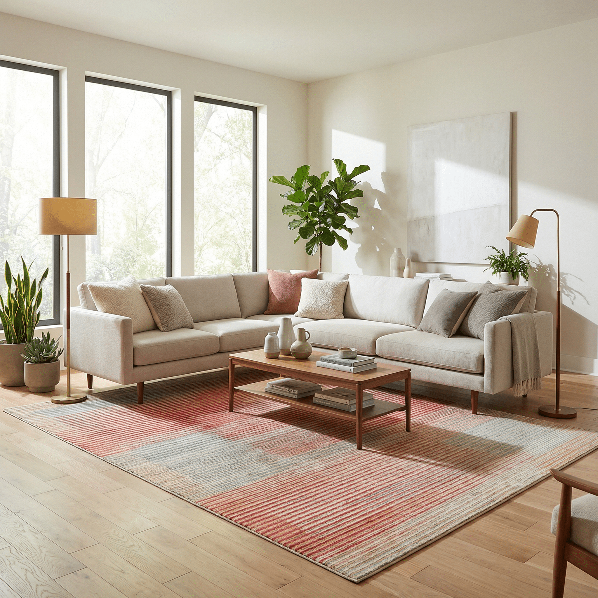 Modern çizgili desenli kırmızı ve mavi tonlara sahip Cool Halı Still Koleksiyonu el dokuması doğal iplik halı modeli