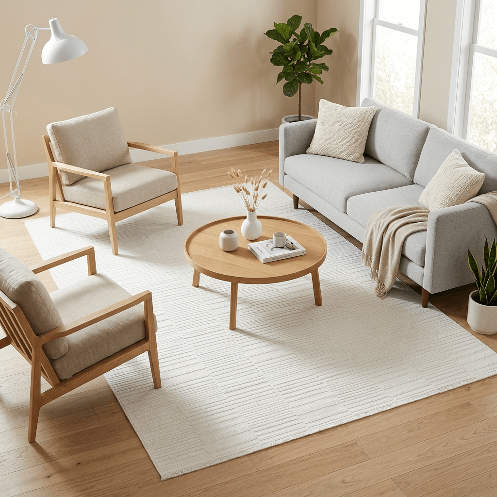 Enza kaymaz tabanlı bej kesme halı modern geometrik dokulu sade tasarım salon ve oturma odası için dekoratif halı modeli