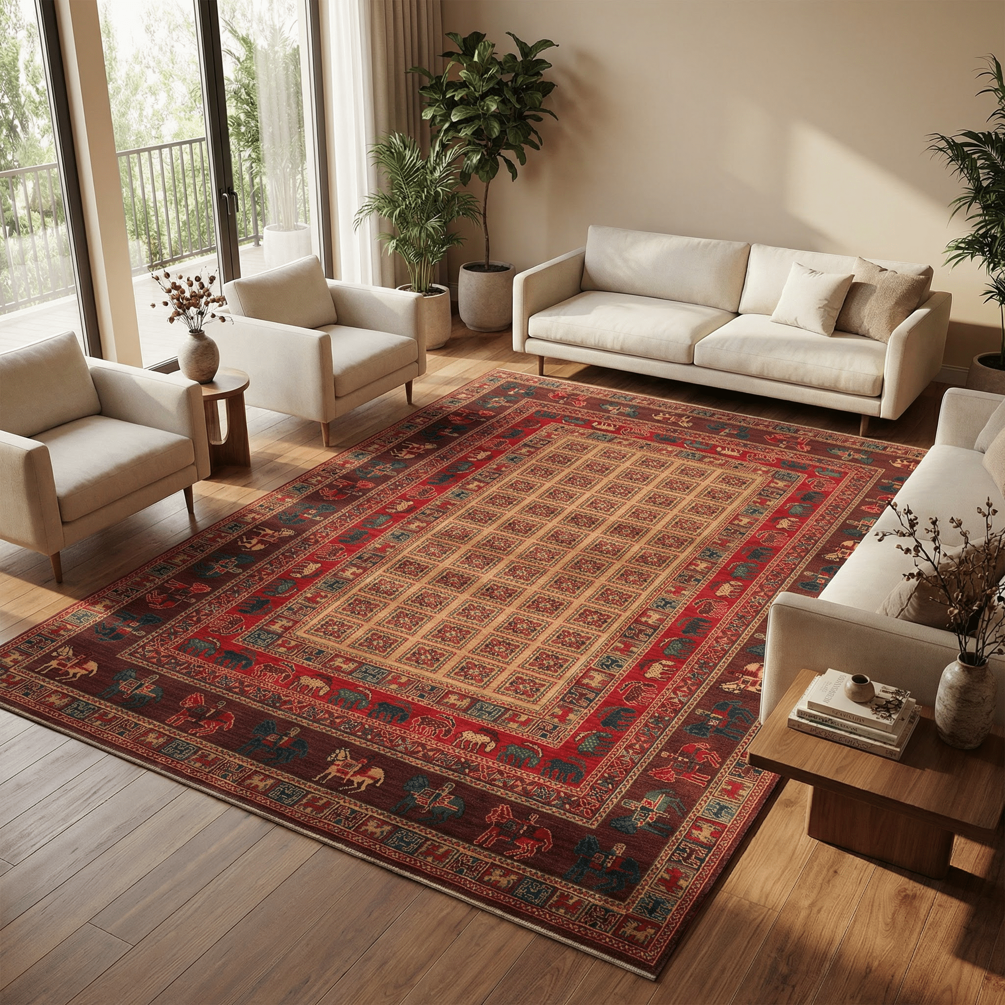 Cool Halı Mardin bohem halı modeli, modern salonda açık renk koltuklar ve ahşap zeminle uyumlu dekorasyon görünümü