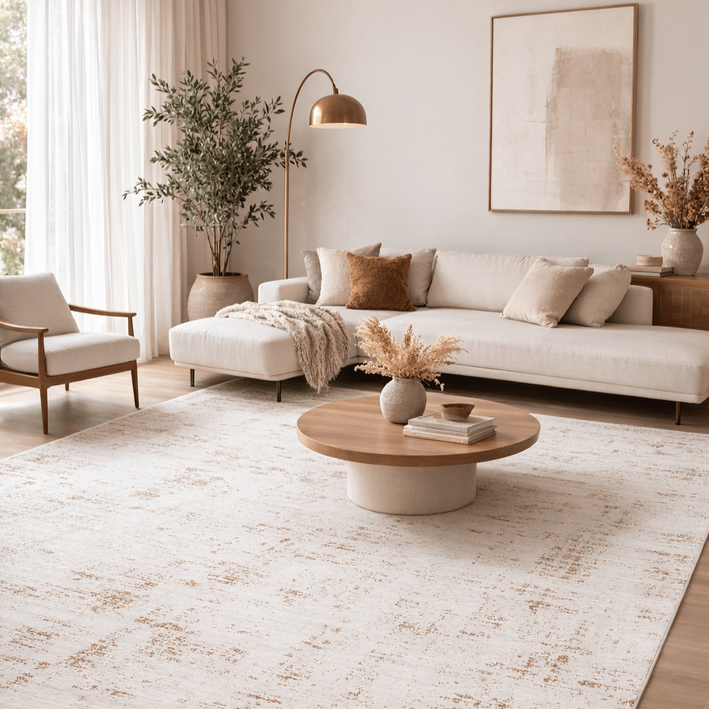 Cool Halı Nocturn 02 bej oturma odası salon halısı, açık tonlu modern salon dekorasyonunda geniş açıyla sergilenen şık ve sade kullanım görünümü