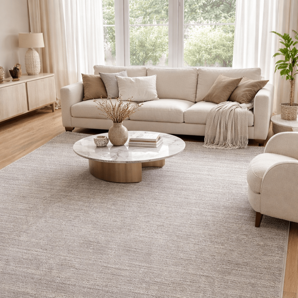 Cool Halı Silva gri salon halısı, modern oturma odasında açık renk koltuk ve ahşap zeminle uyumlu dekorasyon görünümü