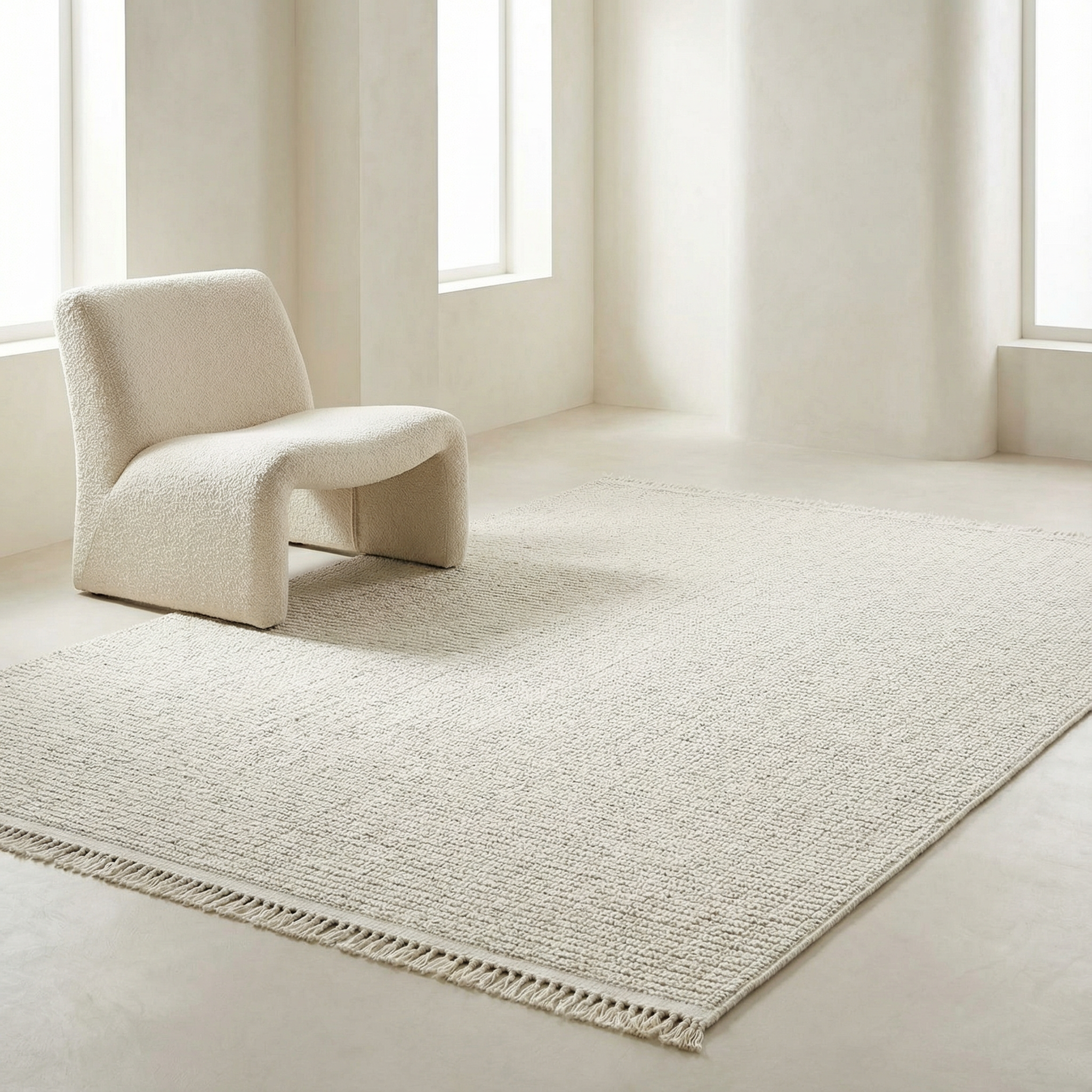 Açık renkli yumuşak dokulu halı, minimal ve modern iç mekân kullanımı