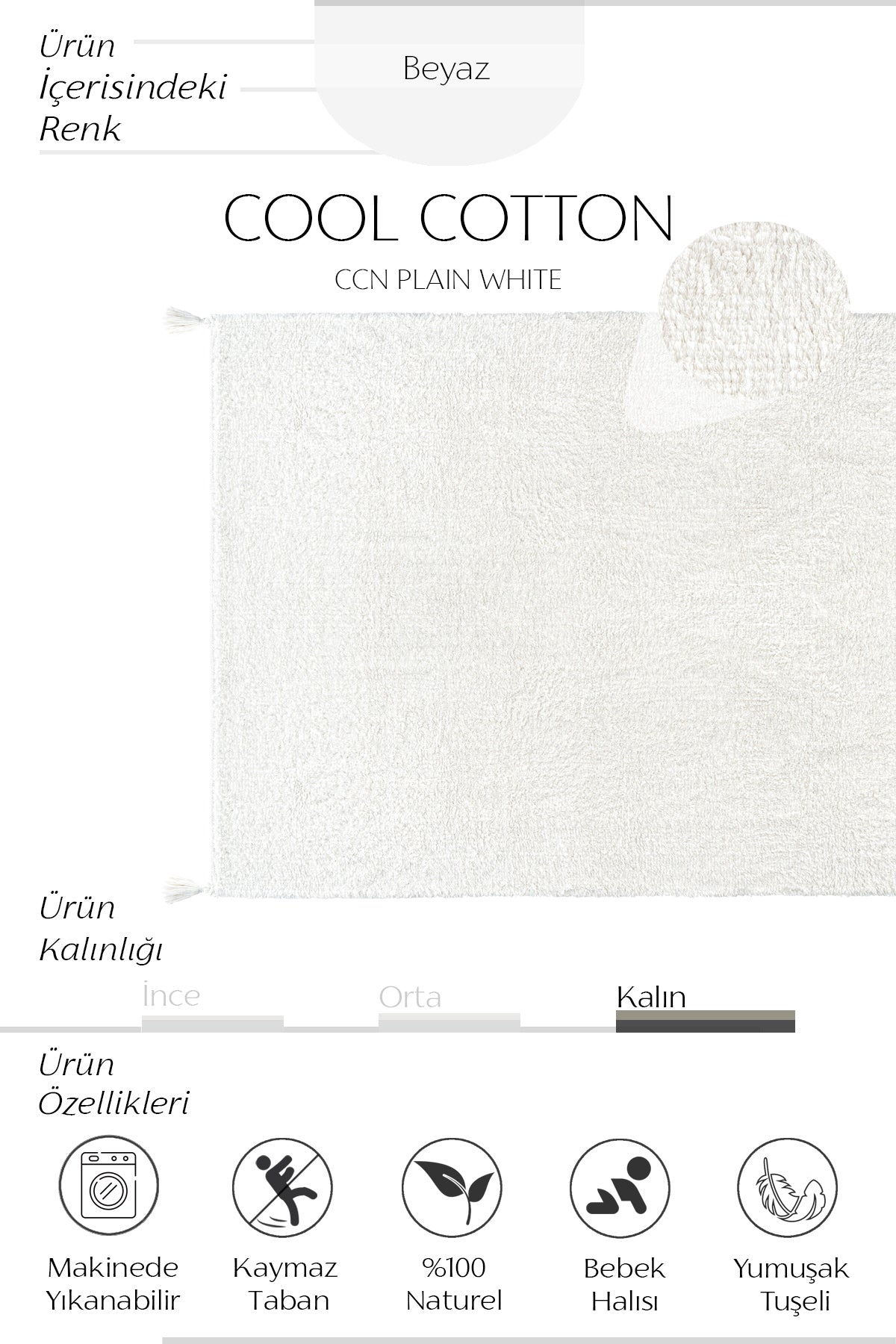 Cool Halı Cool Cotton CCN Plain Beyaz Yıkanabilir Bebek Halısı