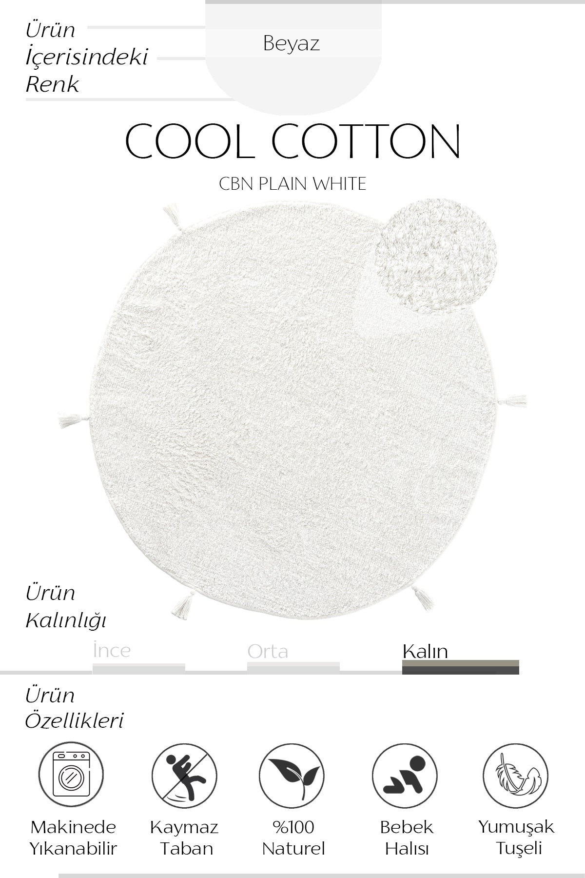 Cool Halı Cool Cotton CCN Plain Beyaz Yıkanabilir Yuvarlak Bebek Halısı