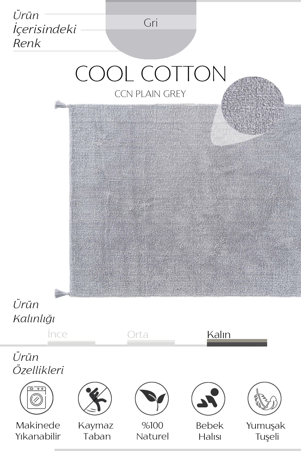 Cool Halı Cool Cotton CCN Plain Gri Yıkanabilir Bebek Halısı