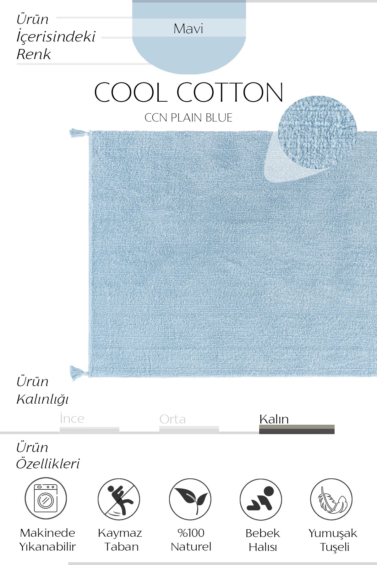 Cool Halı Cool Cotton CCN Plain Mavi Yıkanabilir Bebek Halısı