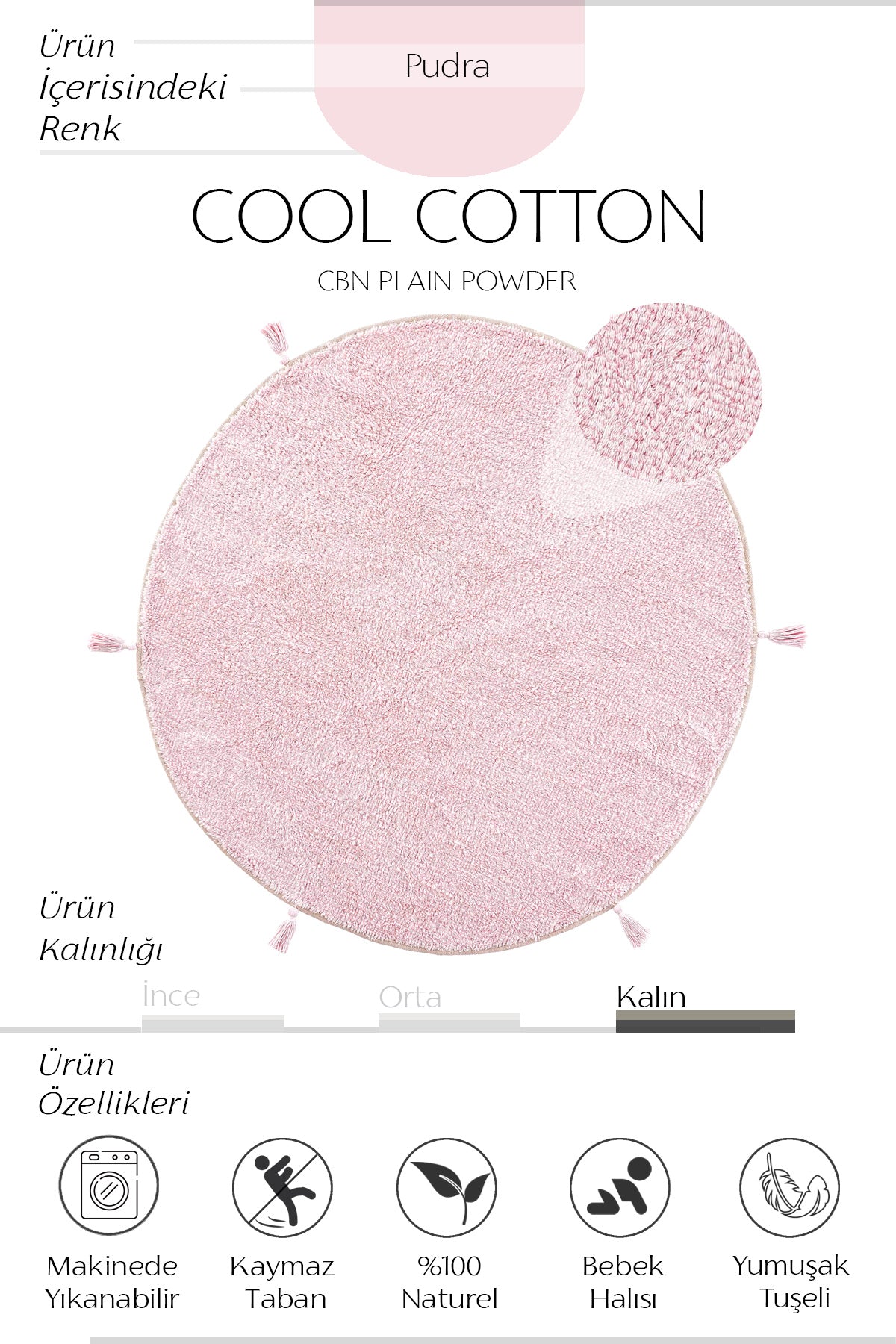 Cool Halı Cool Cotton CCN Plain Pudra Yıkanabilir Yuvarlak Bebek Halısı