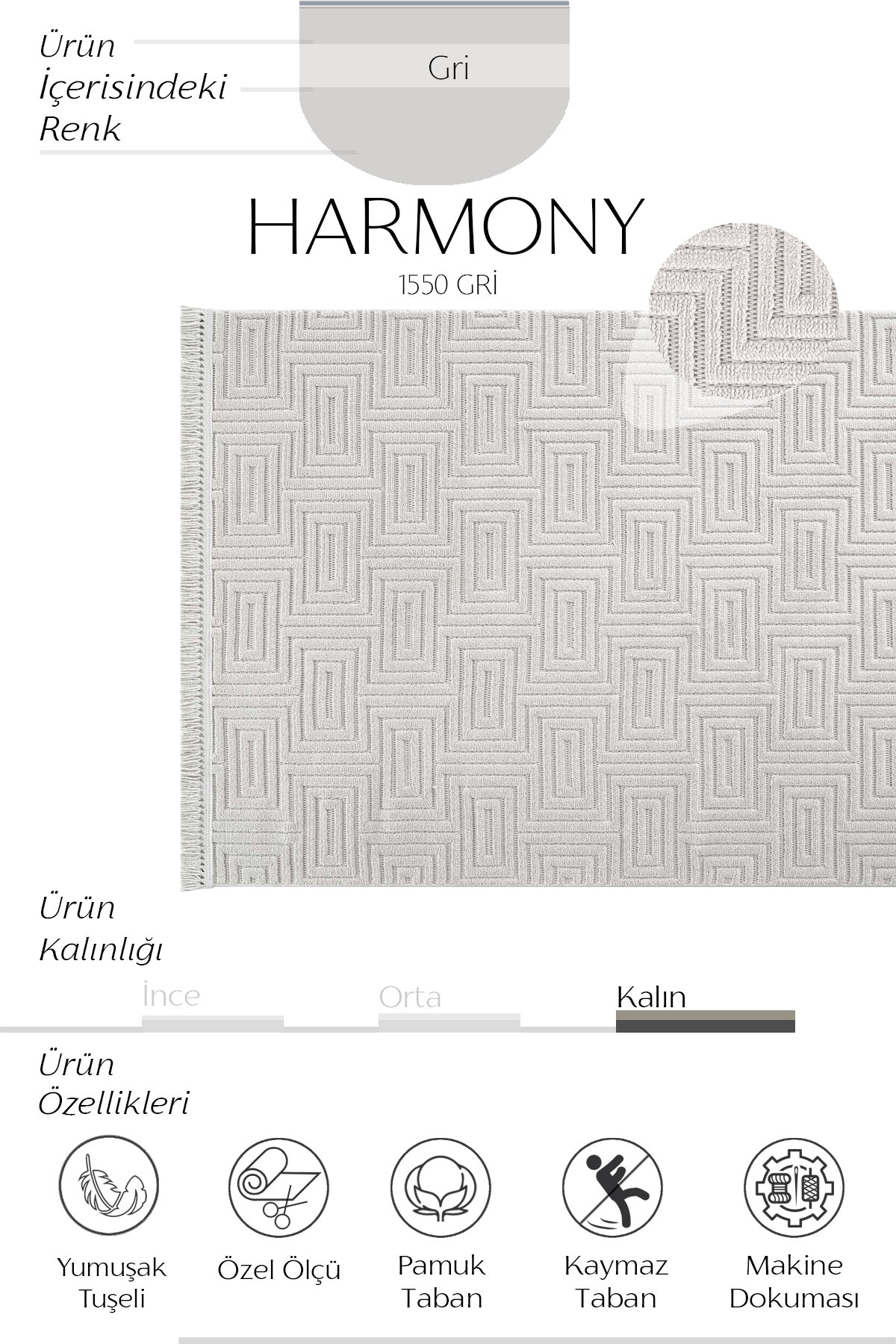 Cool Halı Harmony 1550 Gri Yumuşak Tuşeli Modern Kesme Halı