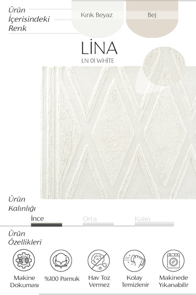 Cool Halı Lina LN 01 Beyaz Yıkanabilir Pamuk Halı