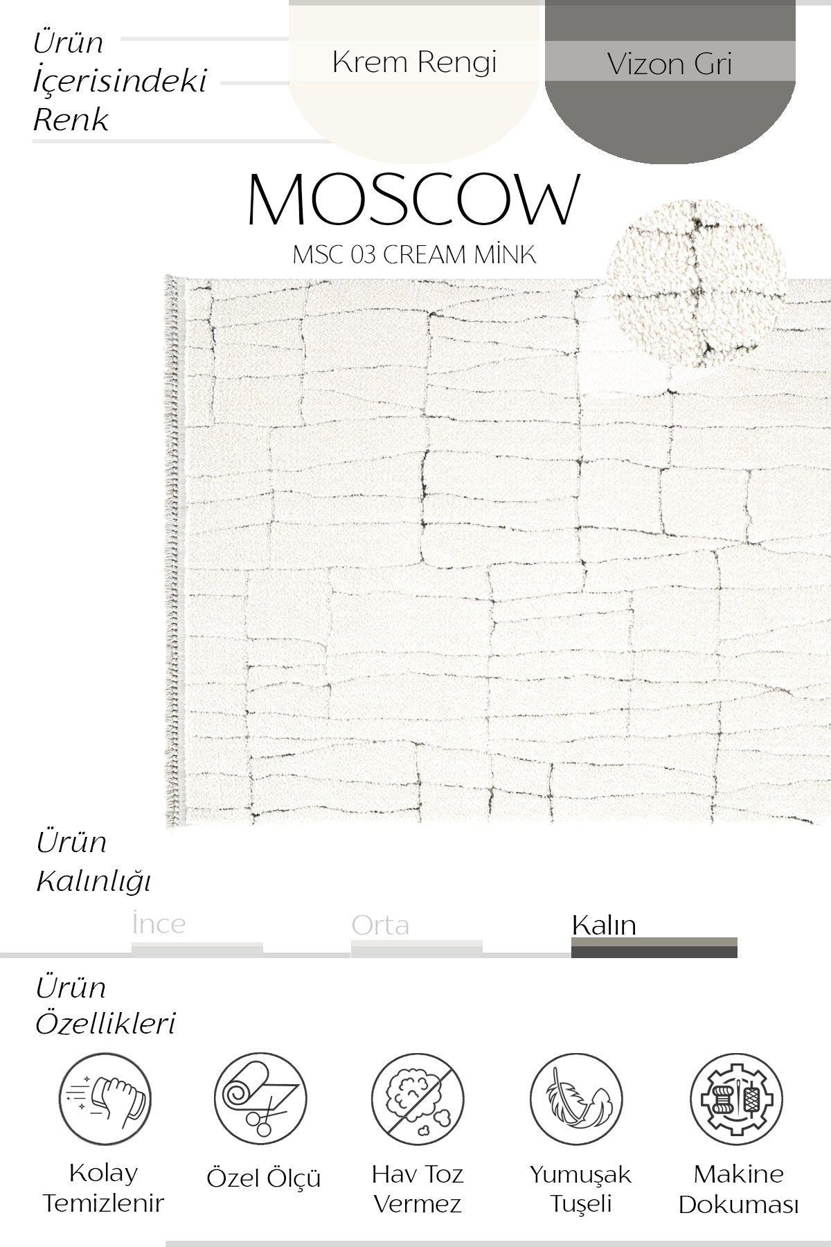 Cool Halı Moscow MSC 03 Krem Vizon Yumuşak Dokulu Kesme Halı