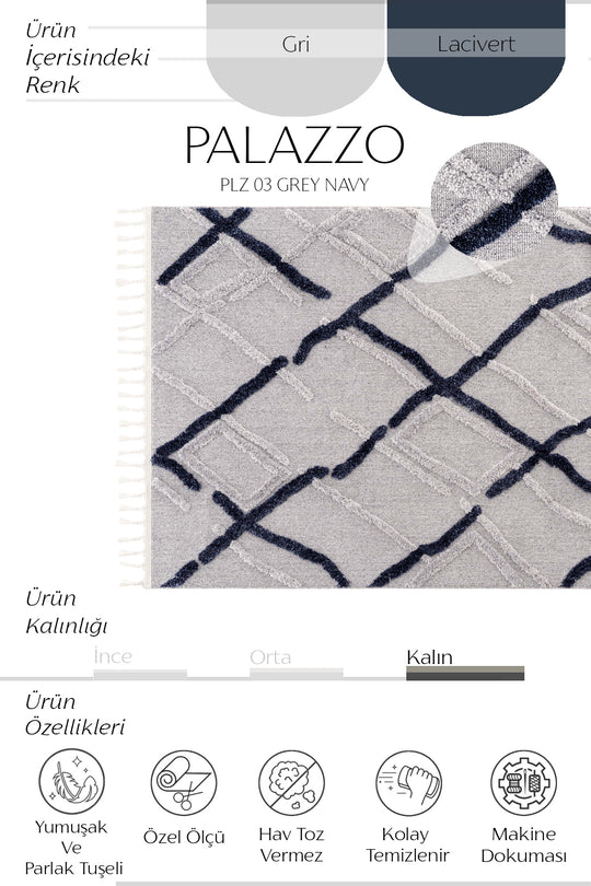 Cool Halı Palazzo PLZ 03 Gri Lacivert Yumuşak ve Parlak Tuşeli İskandinav Halı