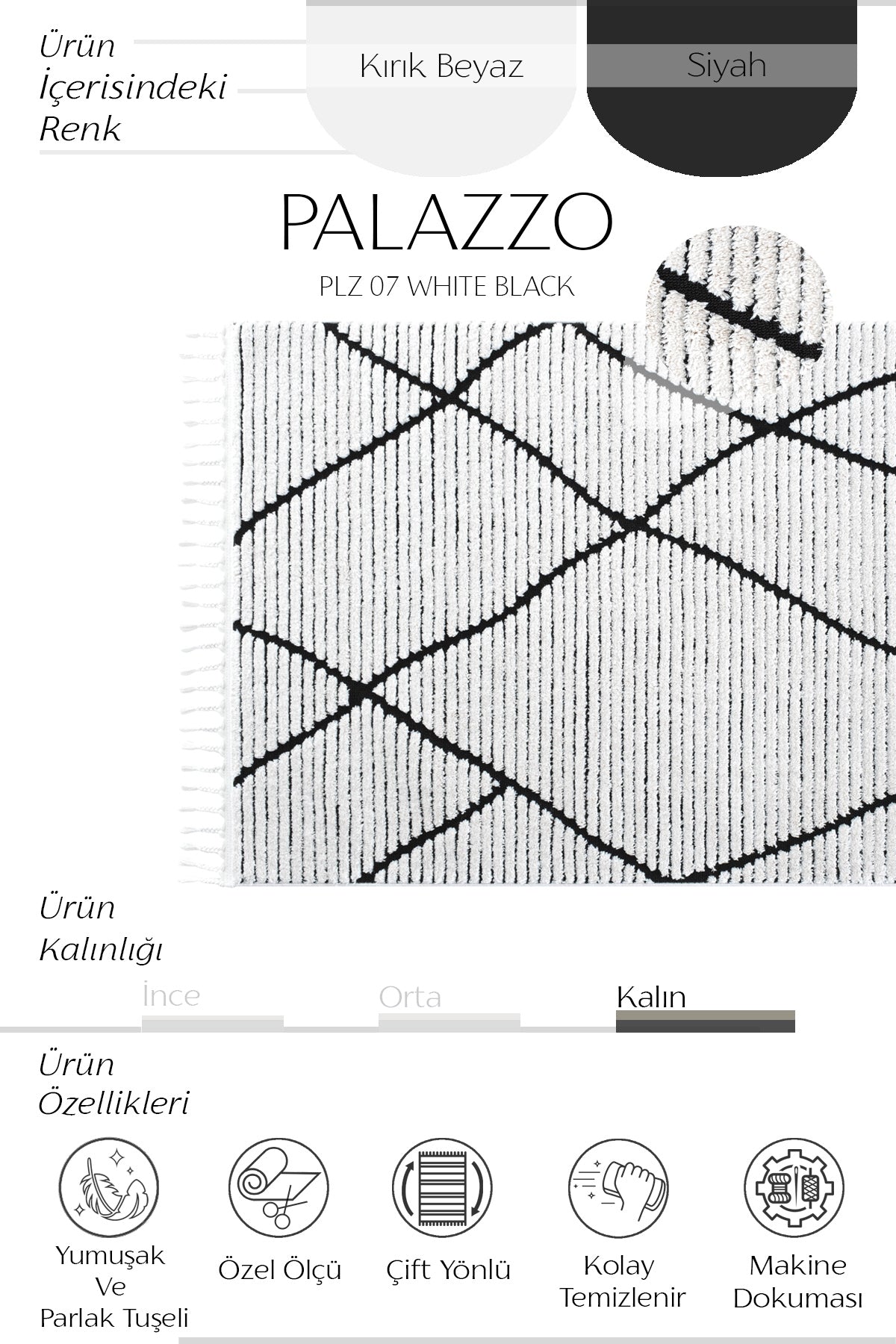 Cool Halı Palazzo PLZ 07 Beyaz Siyah Yumuşak Ve Parlak Tuşeli İskandinav Halı