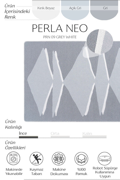 Cool Halı Perla Neo PRN 09 Gri Beyaz Yıkabilir Modern Pamuk Kilim