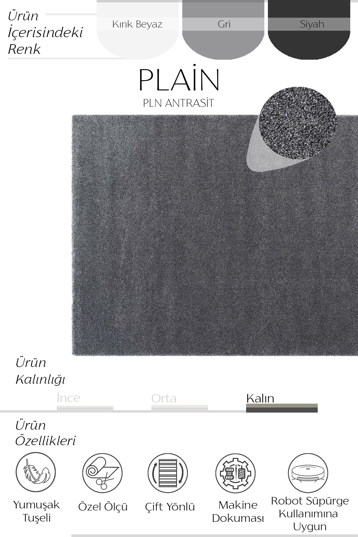 Cool Halı Plain Antrasit Yumuşak Dokulu Modern Kesme Halı
