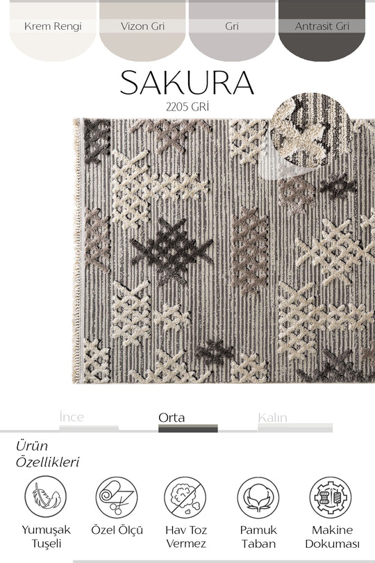Cool Halı Sakura 2205 Gri Etnik Desenli Modern Salon Halısı