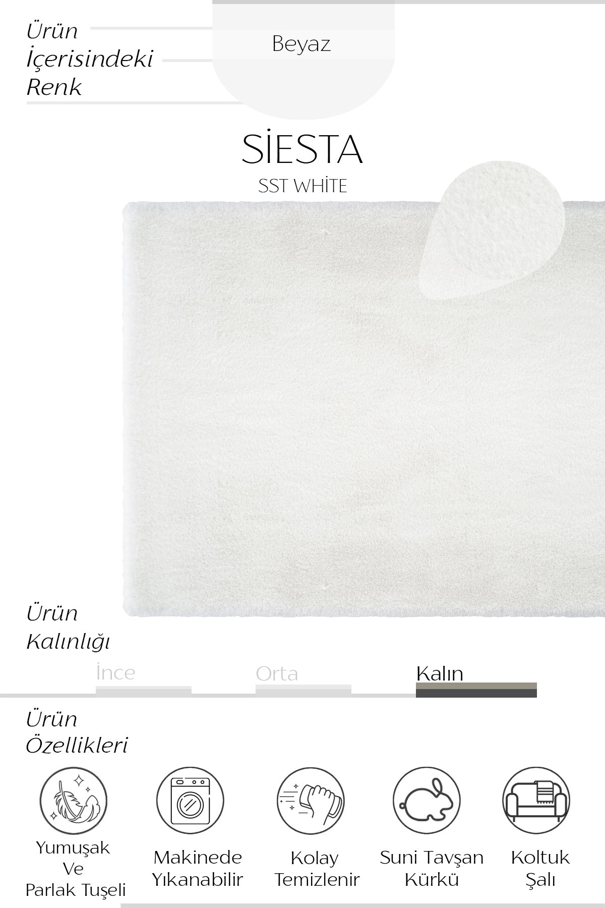 Cool Halı Siesta SST Beyaz Yumuşak Tüylü Yıkanabilir Post Halı