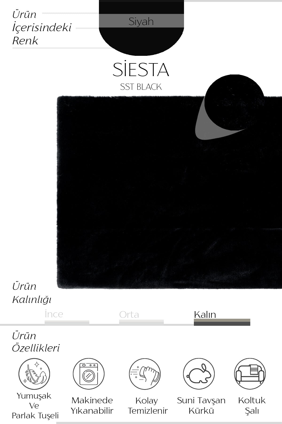 Cool Halı Siesta SST Siyah Yumuşak Tüylü Yıkanabilir Post Halı