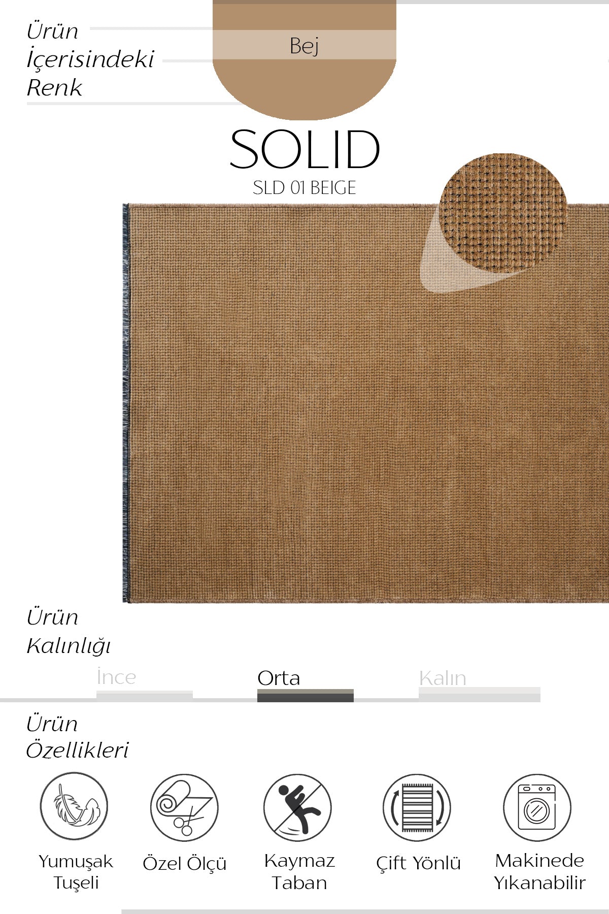 Cool Halı Solid SLD 01 Bej Kaymaz Tabanlı Yıkanabilir Kilim