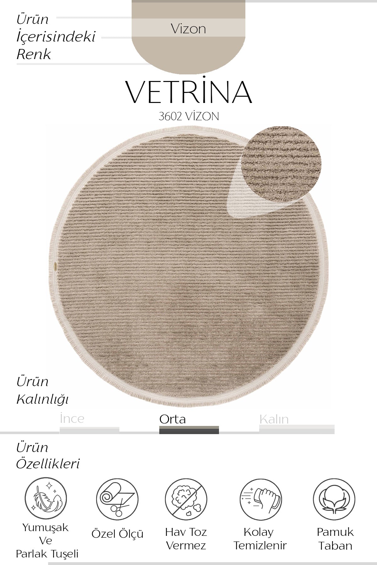Cool Halı Vetrina 3602 Vizon Yumuşak Dokulu Modern Yuvarlak Halı