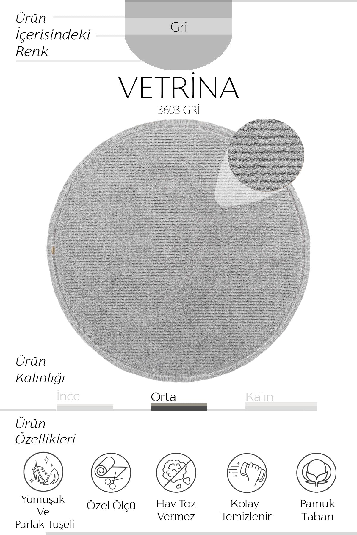 Cool Halı Vetrina 3603 Gri Yumuşak Dokulu Modern Yuvarlak Halı