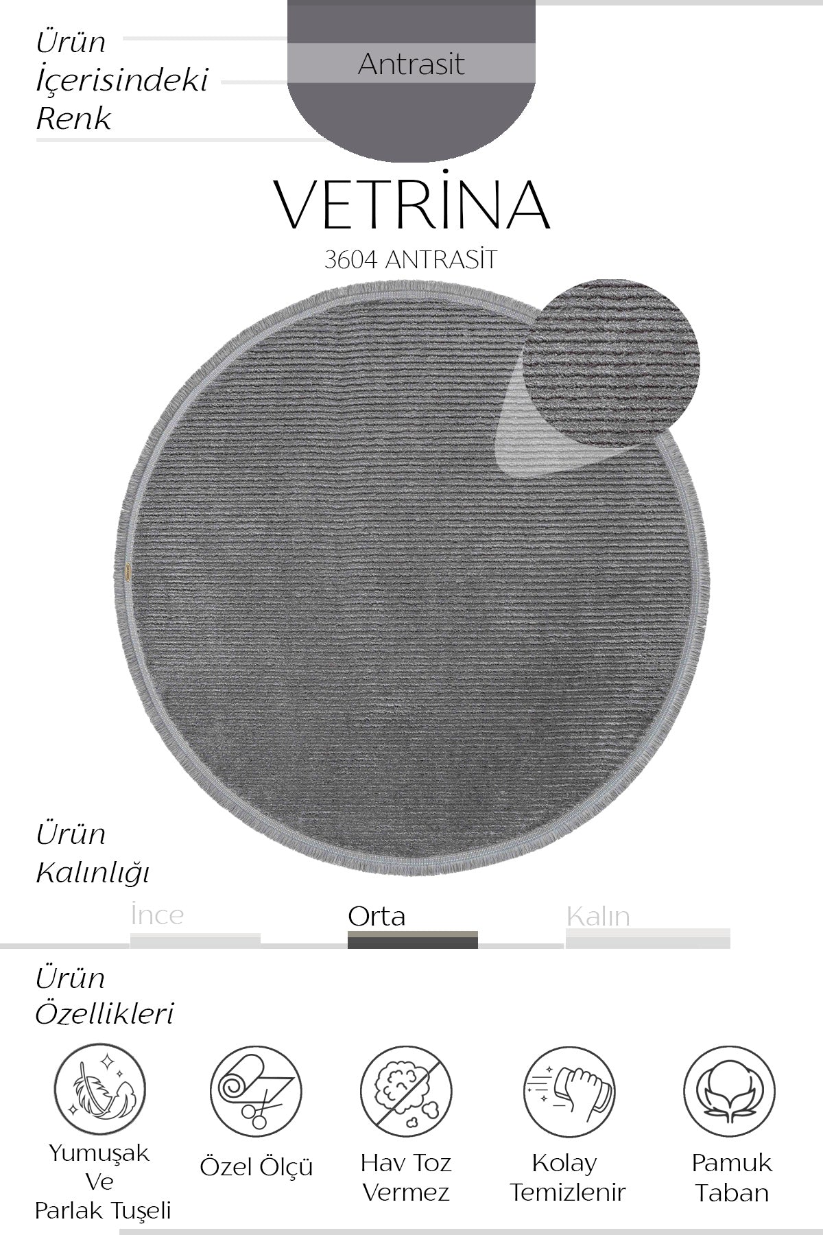 Cool Halı Vetrina 3604 Antrasit Yumuşak Dokulu Modern Yuvarlak Halı