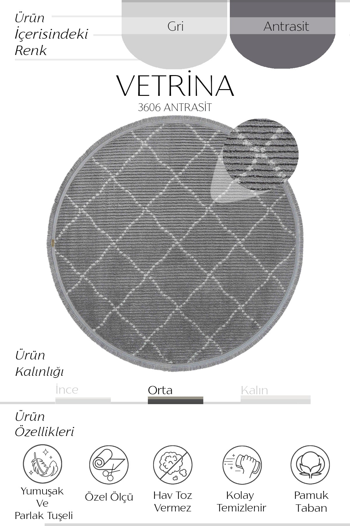 Cool Halı Vetrina 3606 Antrasit Yumuşak Dokulu Modern Yuvarlak Halı