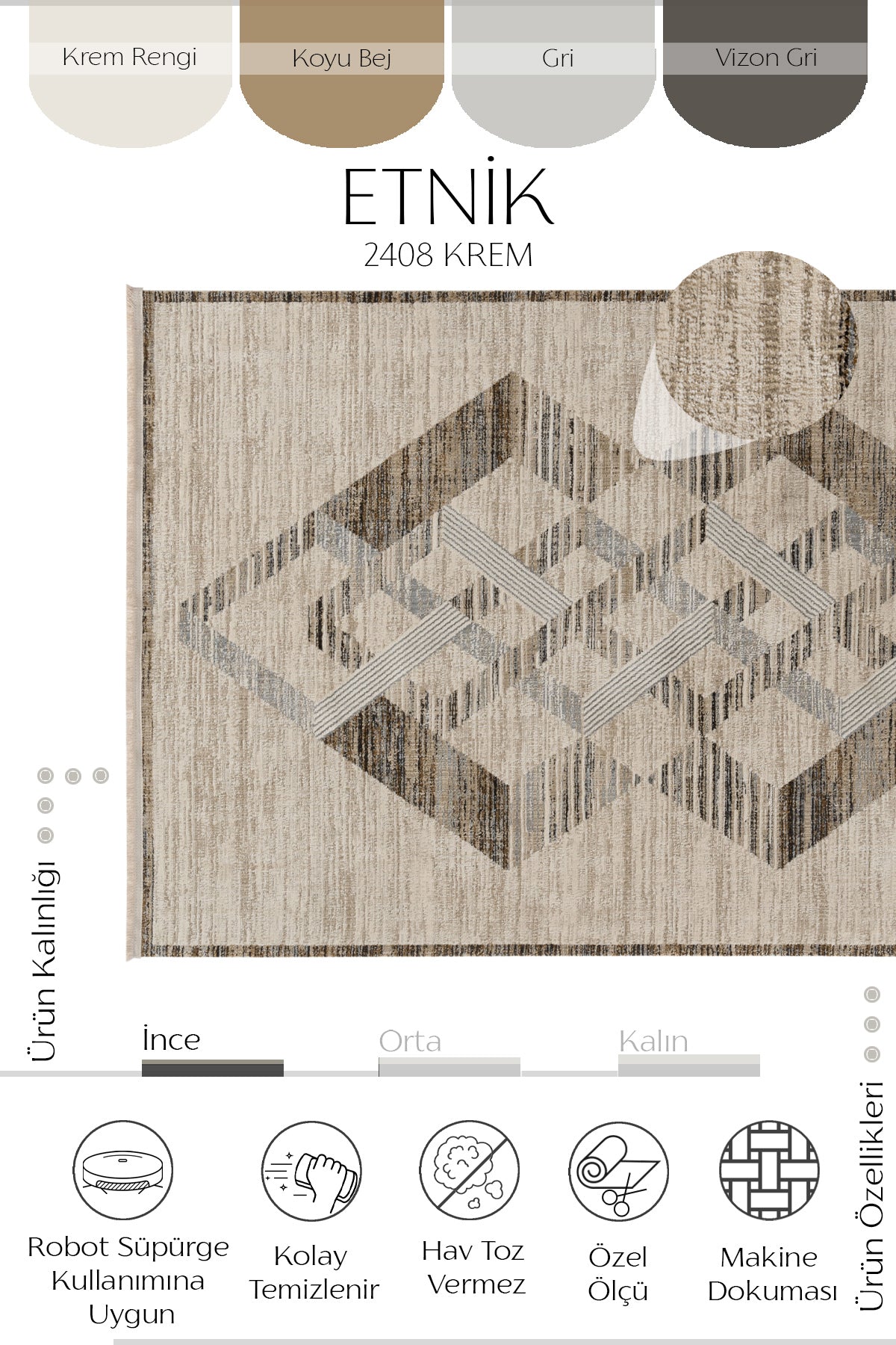 Cool Halı Etnik 2408 Krem İskandinav Halı