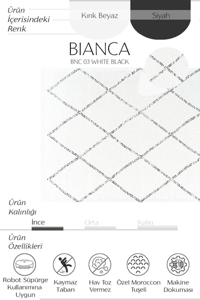 Cool Halı Bianca BNC 03 Beyaz Siyah İnce Dokuma Modern Halı