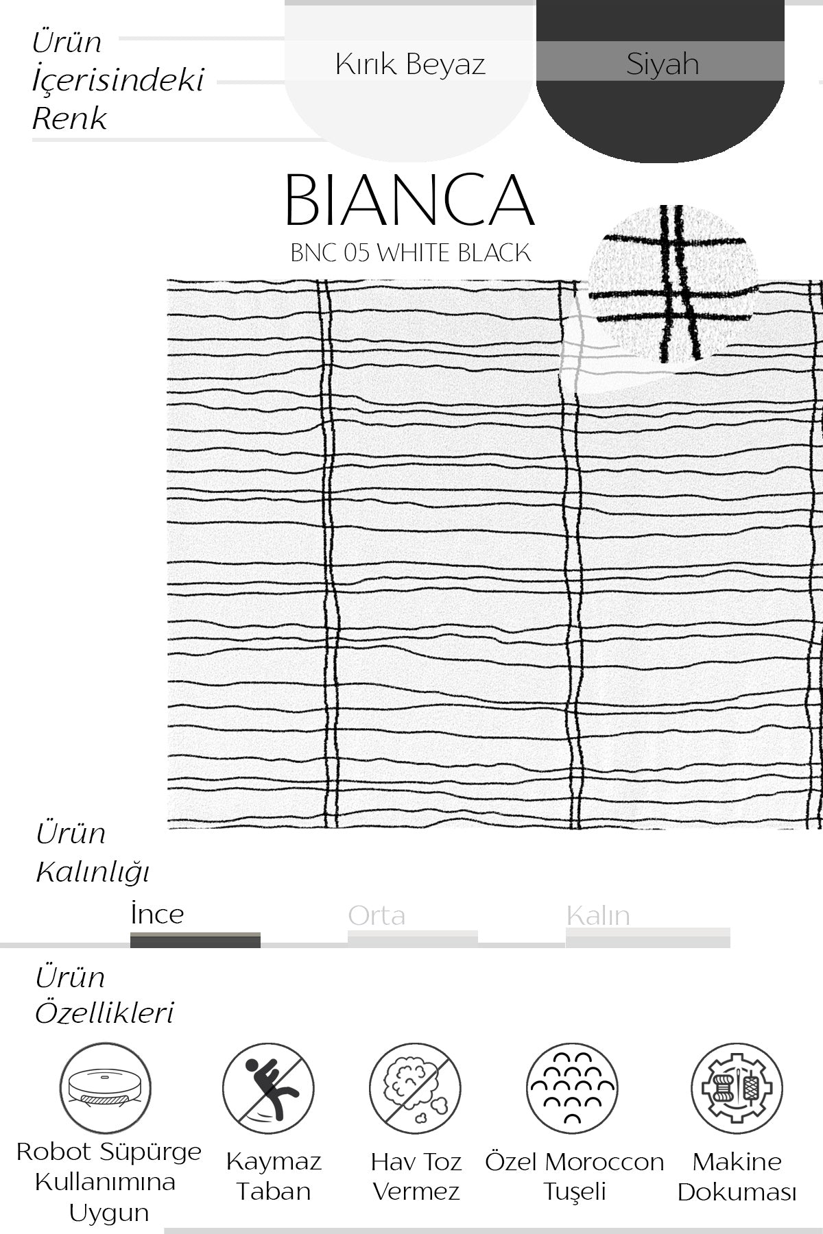 Cool Halı Bianca BNC 05 Beyaz Siyah İnce Dokuma Modern Halı