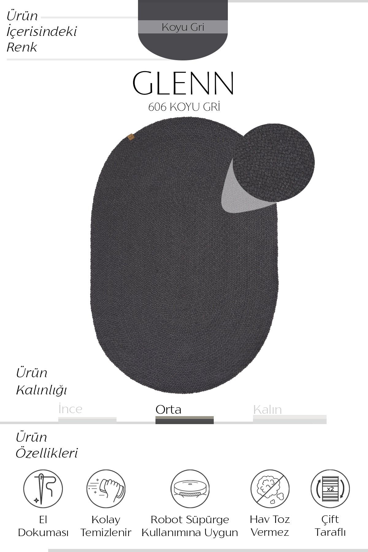 Cool Halı Glenn 606 Koyu Gri El Dokuması Dekoratif Oval Halı