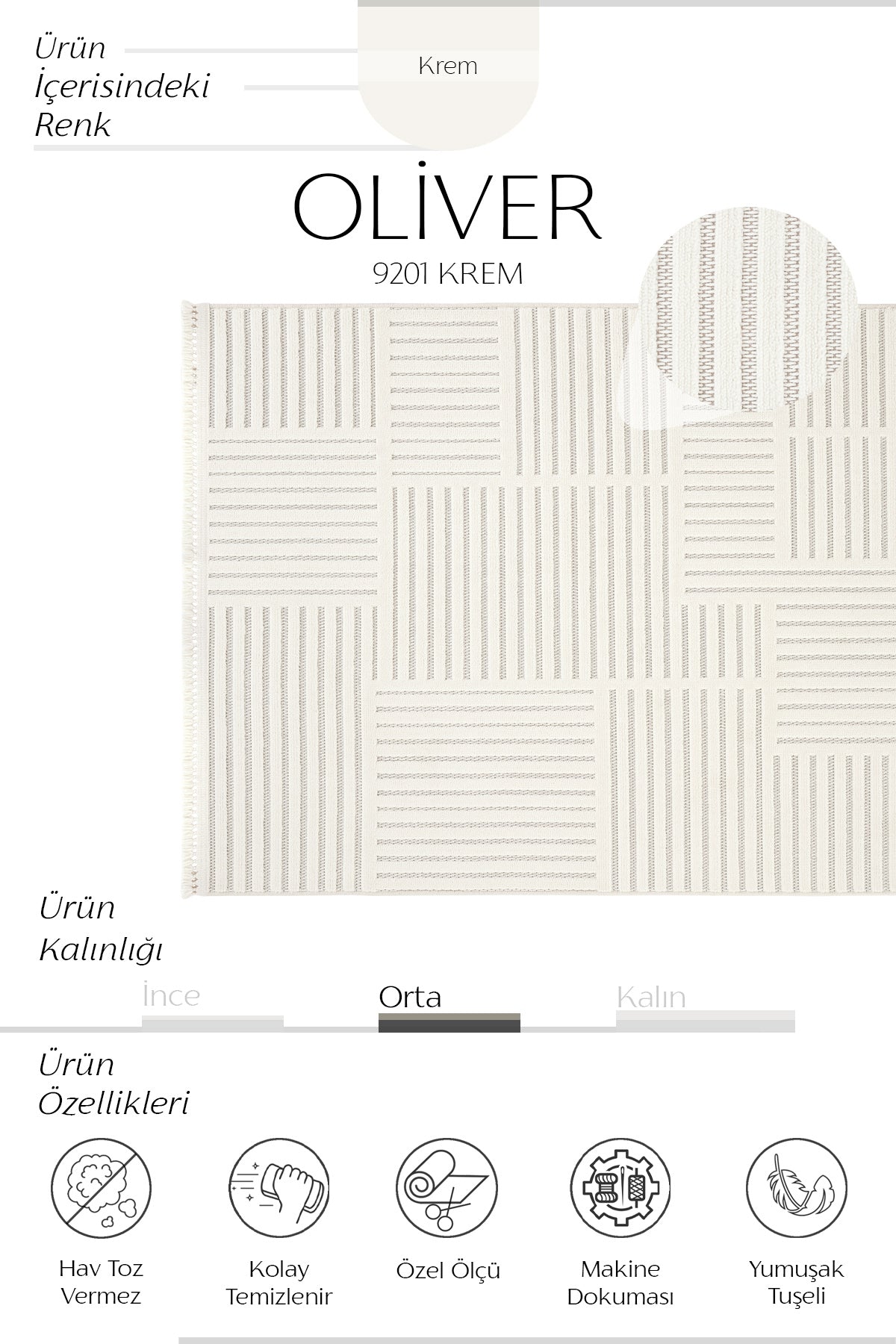 Cool Halı Oliver 9201 Krem Yumuşak Tuşeli Modern Kesme Halı