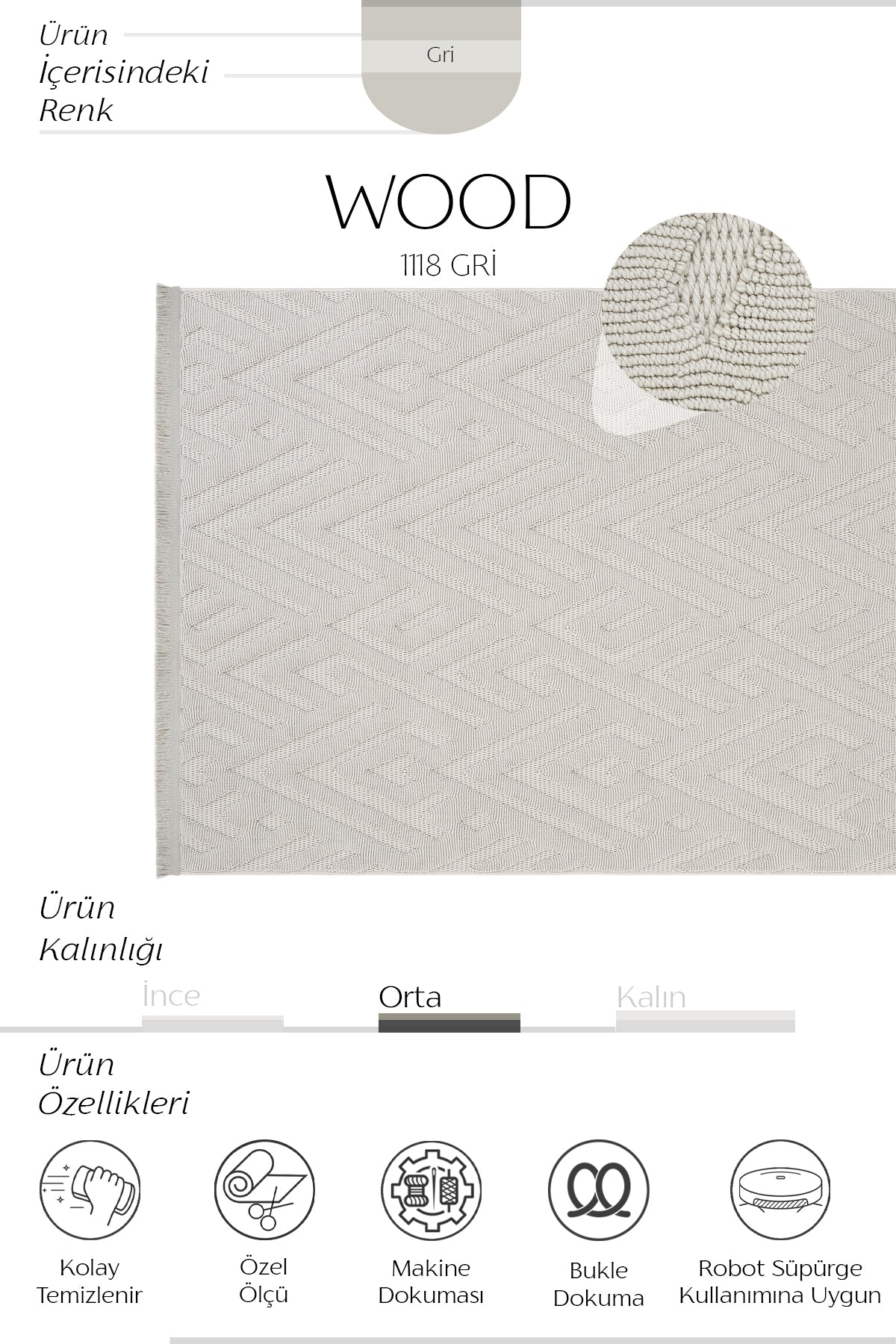 Cool Halı Wood 1118 Gri Bukle Dokuma Modern Halı