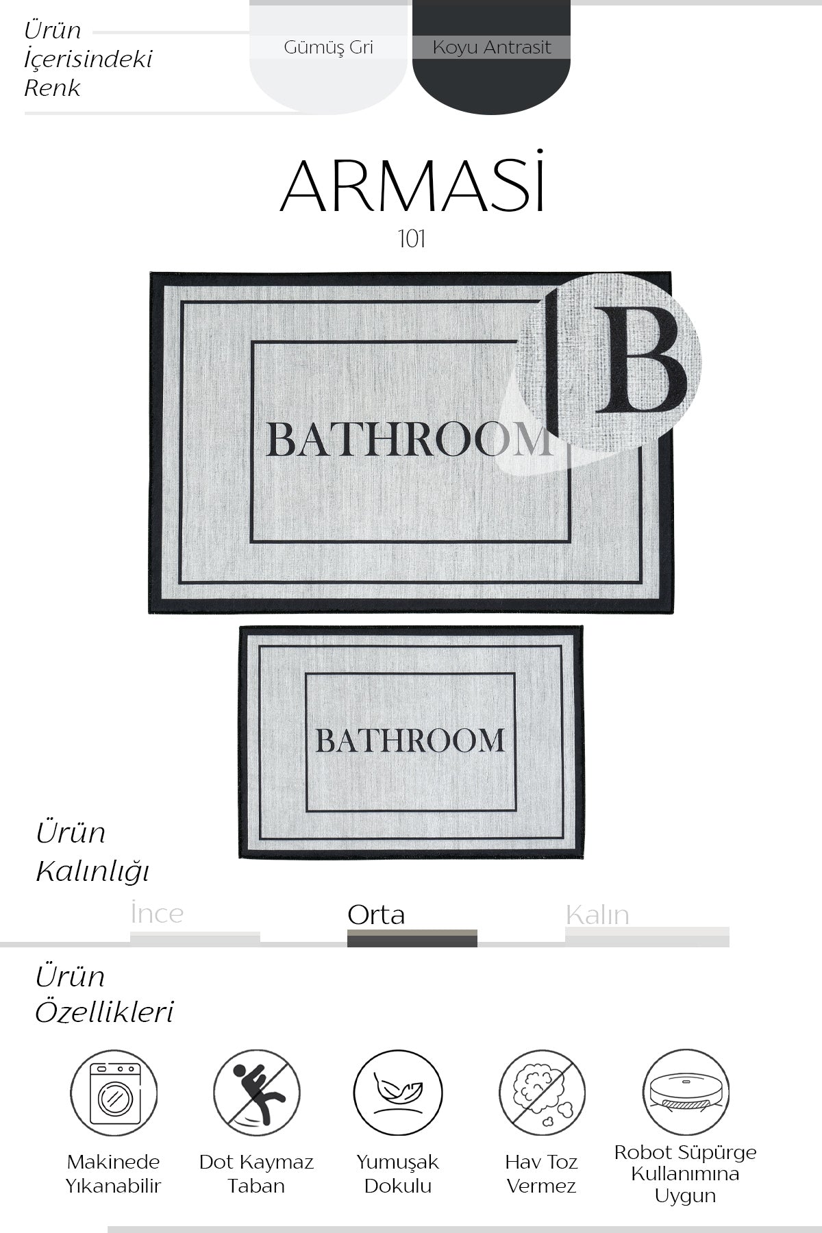 Cool Halı Armasi 101 Gri 2'li Banyo Paspası