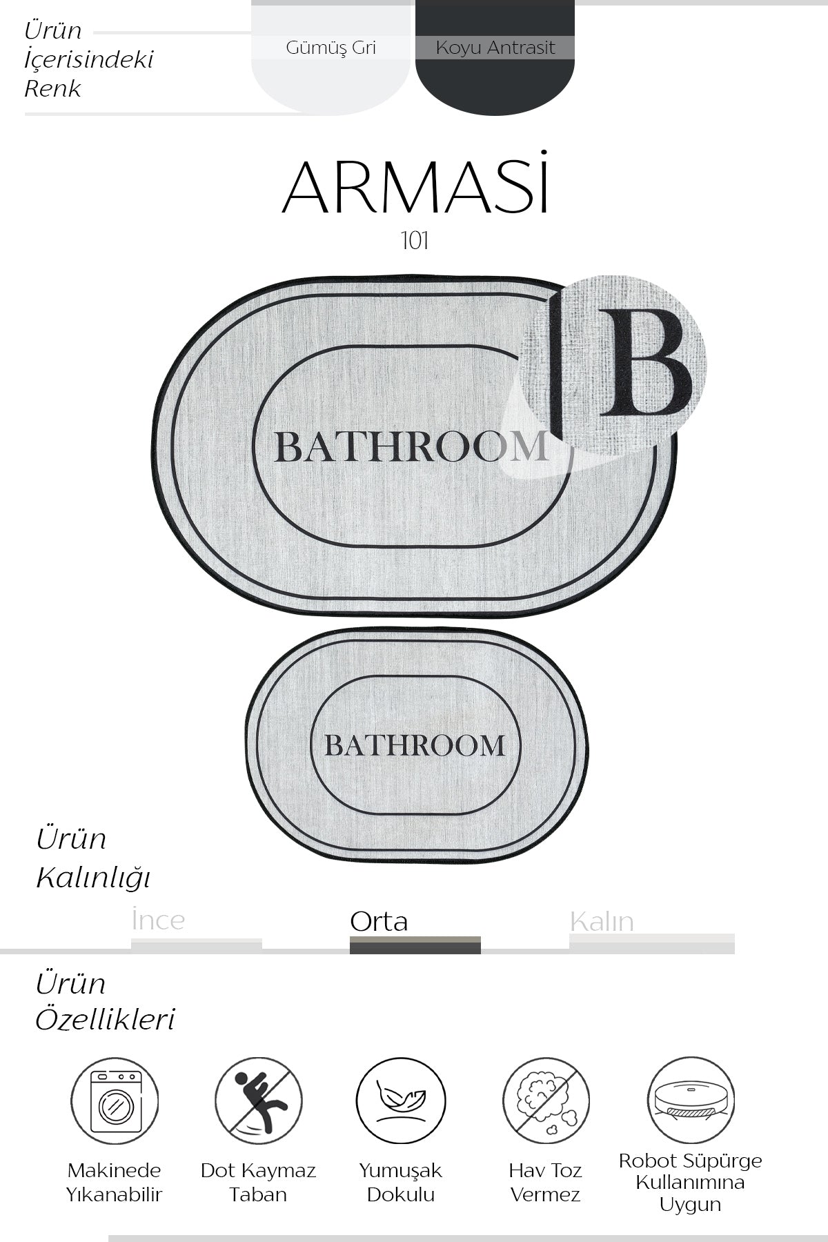Cool Halı Armasi 101 Gri Oval 2'li Banyo Paspası
