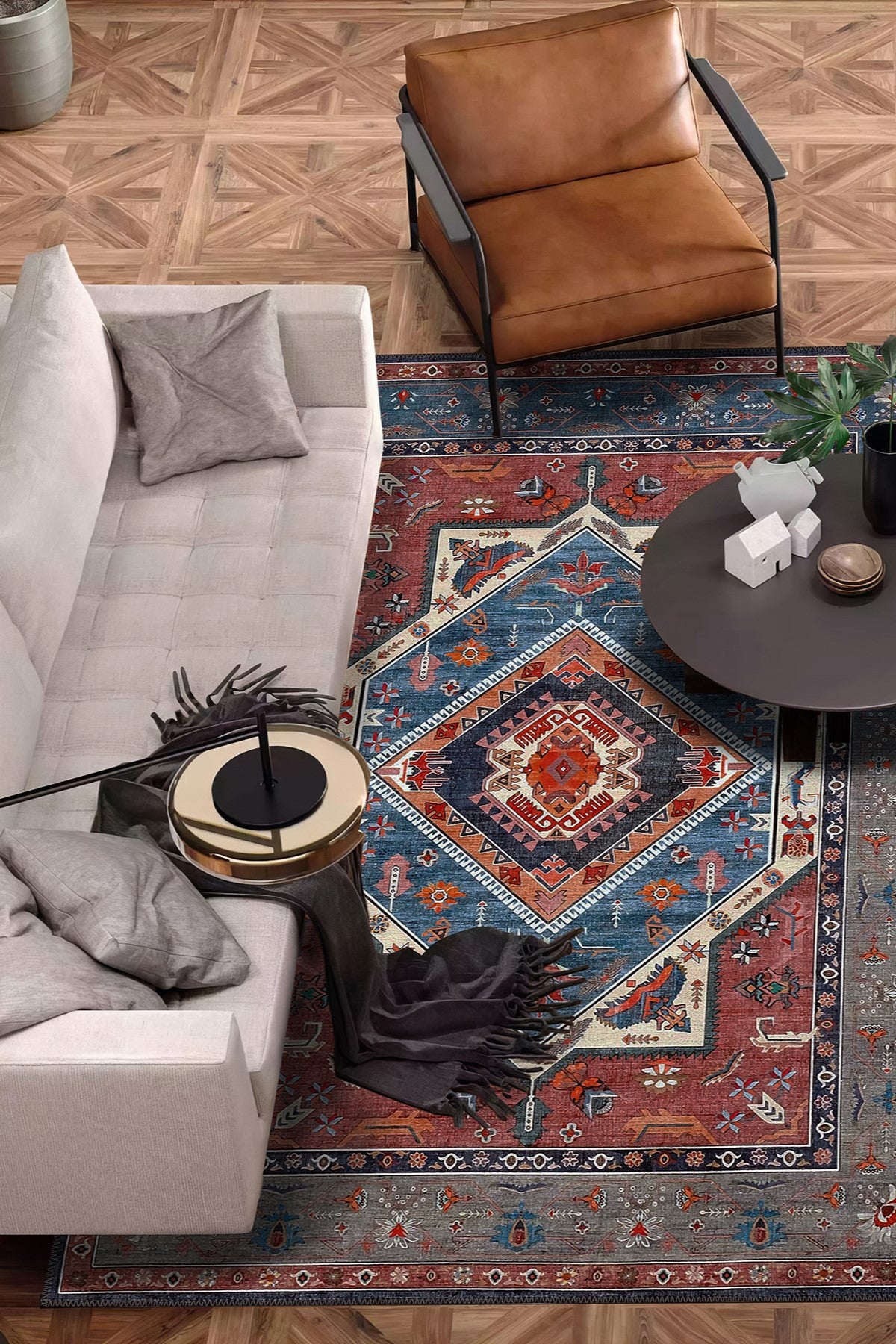 Cool Halı Beylerbeyi By 801 Mavi Bordo Makinede Yıkanabilir Halı