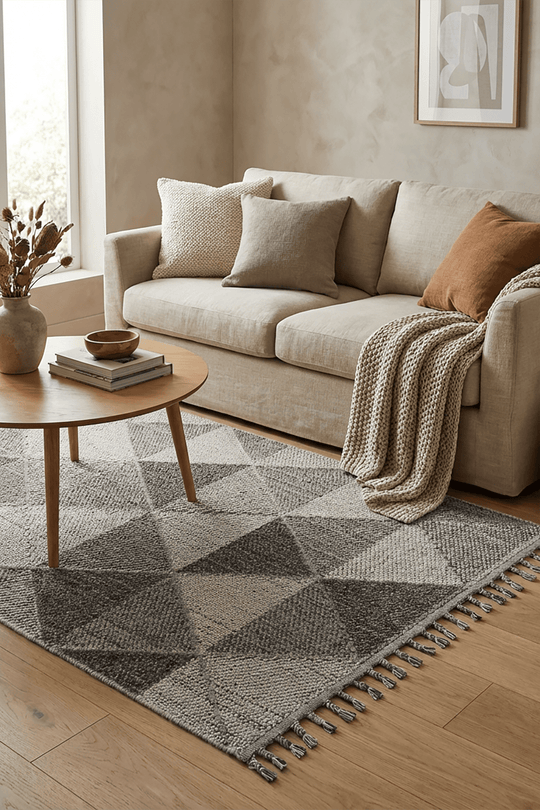 Bress 1401 kesme halı, gri tonlarda geometrik desenli modern salon dekorasyonu