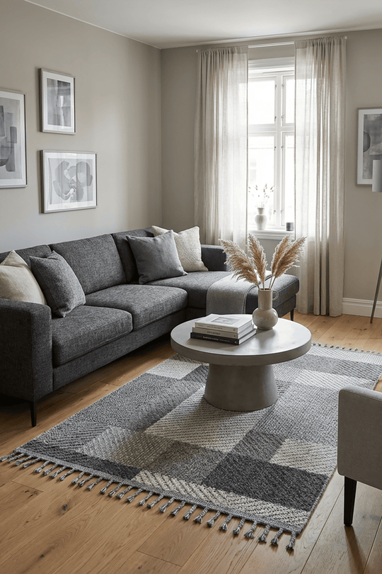 Bress 1403 kesme halı, gri tonlarda geometrik desenli modern salon dekorasyonu