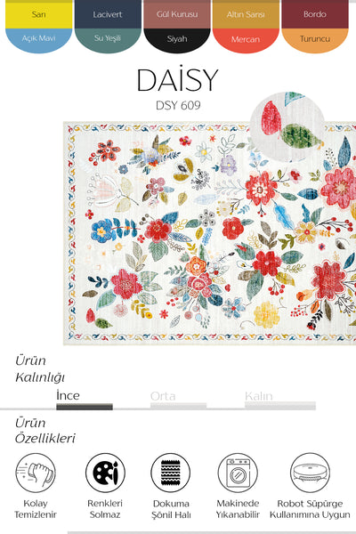 Cool Halı Daisy 609 Beyaz Renkli Makinede Yıkanabilir Halı