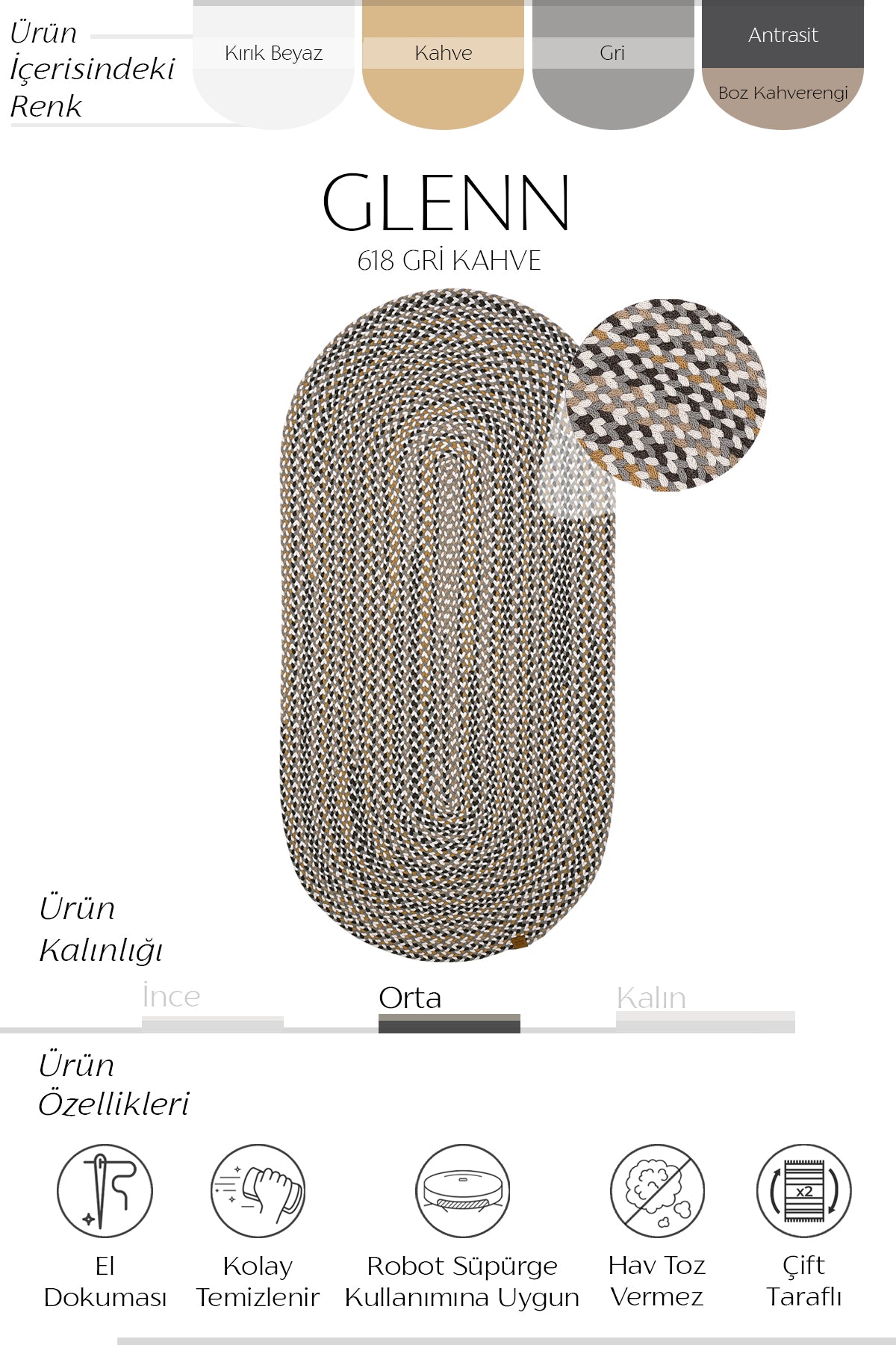 Cool Halı Glenn 618 Gri Kahve El Dokuması Dekoratif Oval Halı