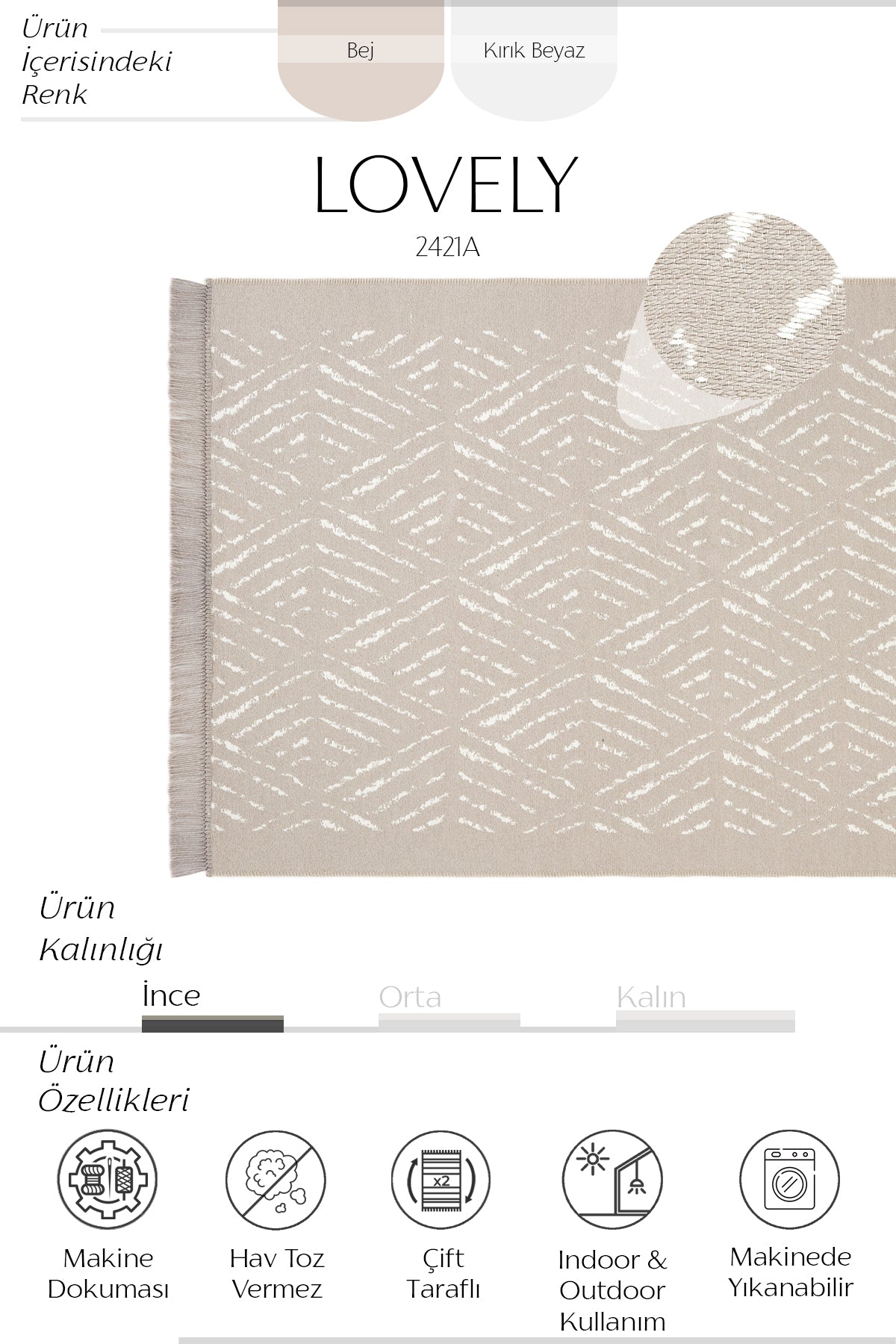 Cool Halı Bej Makinede Yıkanabilir Çift Taraflı Kilim | Cool Halı